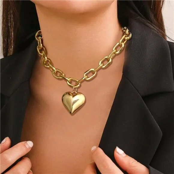 Chunky Heart Necklace Statement Necklace with Big Puffy Heart Gold Tone - Picture 8 of 11